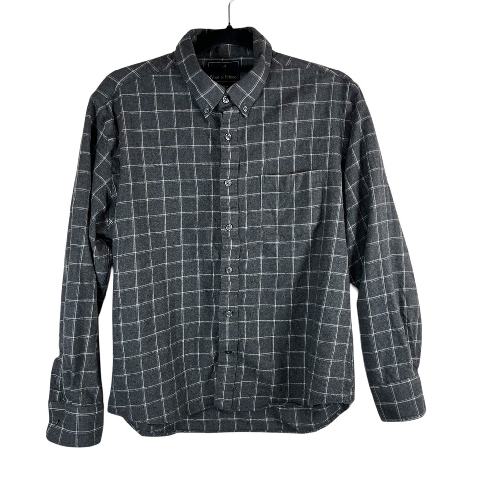 Wool & Prince 100% Wool Windowpane Flannel Shirt Men L Charcoal Grey Regular Fit